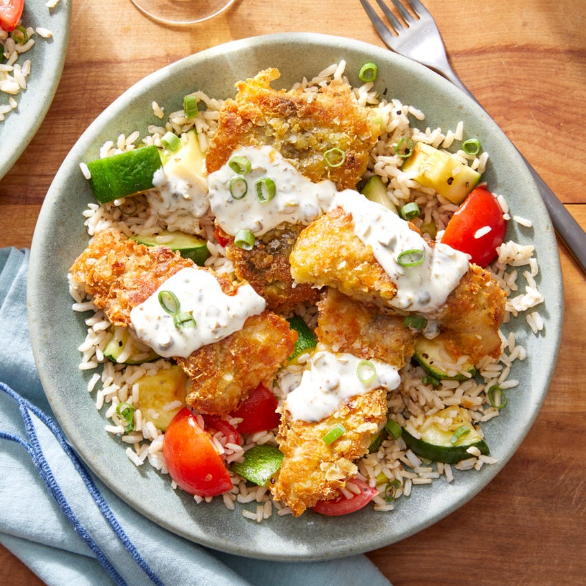 Recipe Crispy Spiced Fish & Caper Mayo with Brown Rice, Tomatoes