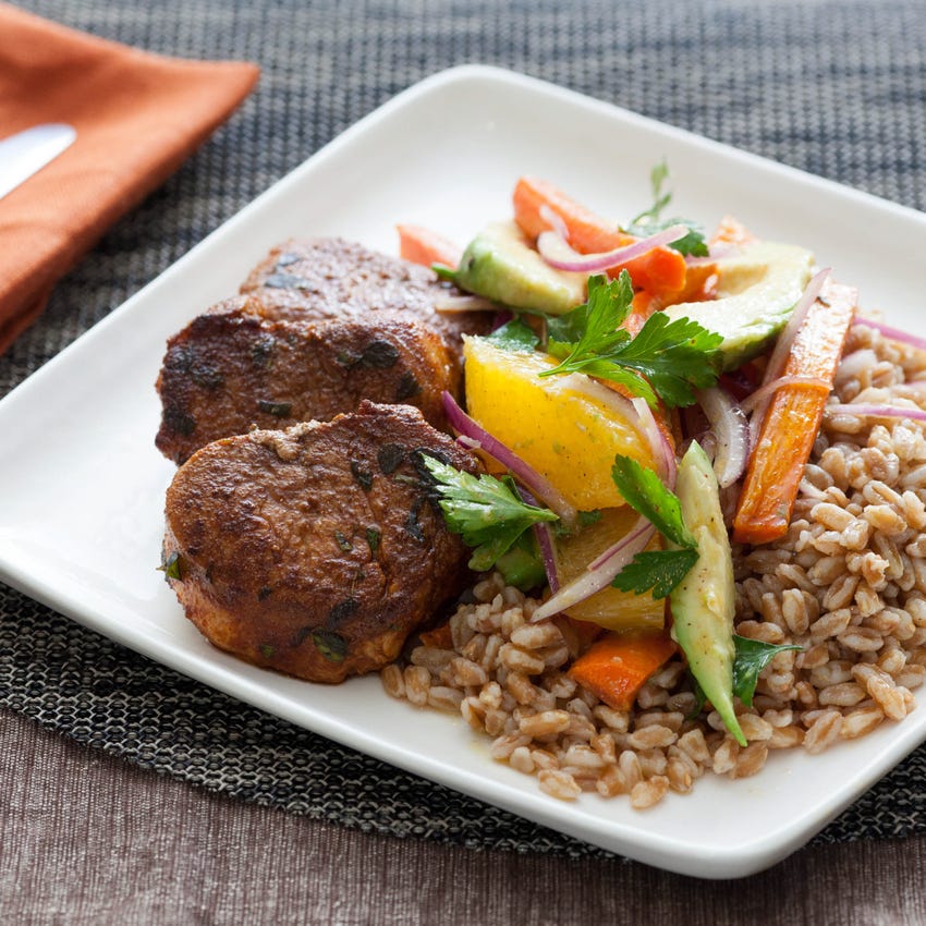 Recipe Seared Pork Tenderloin Medallions with Roasted Carrot, Avocado