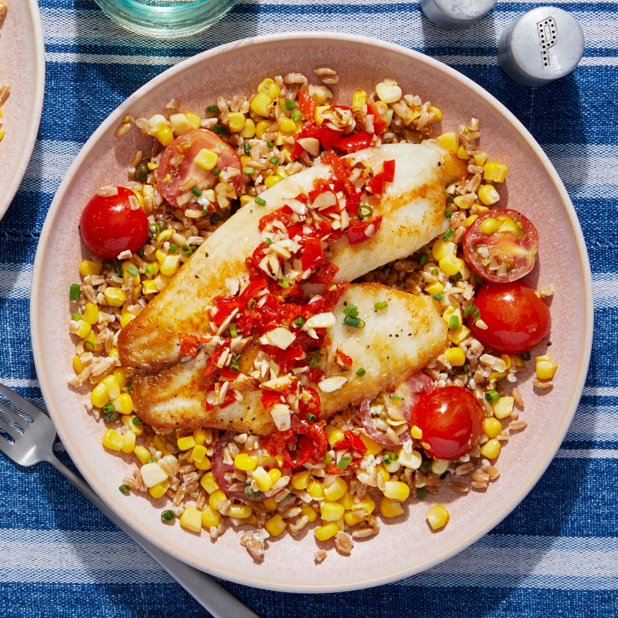 Recipe Seared Tilapia & Pickled Pepper Relish with Farro, Corn