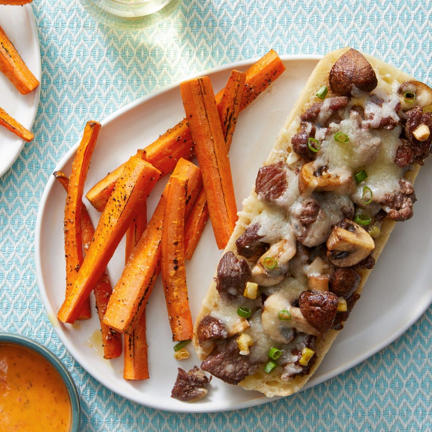 Recipe Cheesy Beef Baguettes with Roasted Carrots & Spicy Ranch Blue