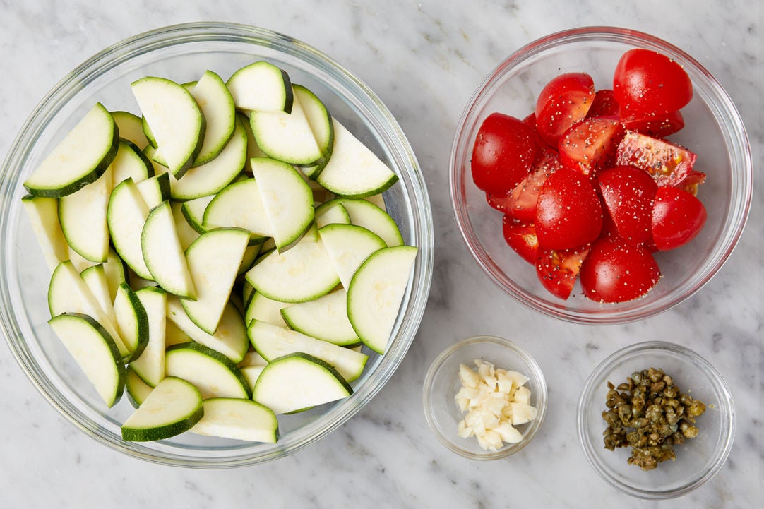 Recipe GarlicCaper Chicken over Bucatini with Summer Vegetables