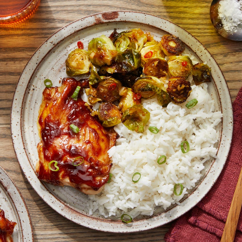 Recipe Soy Glazed Chicken Thighs With Kung Pao Brussels Sprouts Jasmine Rice Blue Apron Dates and the light sweetness of rice give the chicken a unique taste. soy glazed chicken thighs with kung pao brussels sprouts jasmine rice