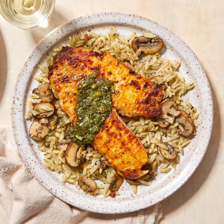 Recipe Seared Tilapia & Orzo Pasta with Mushrooms & Salsa Verde Blue