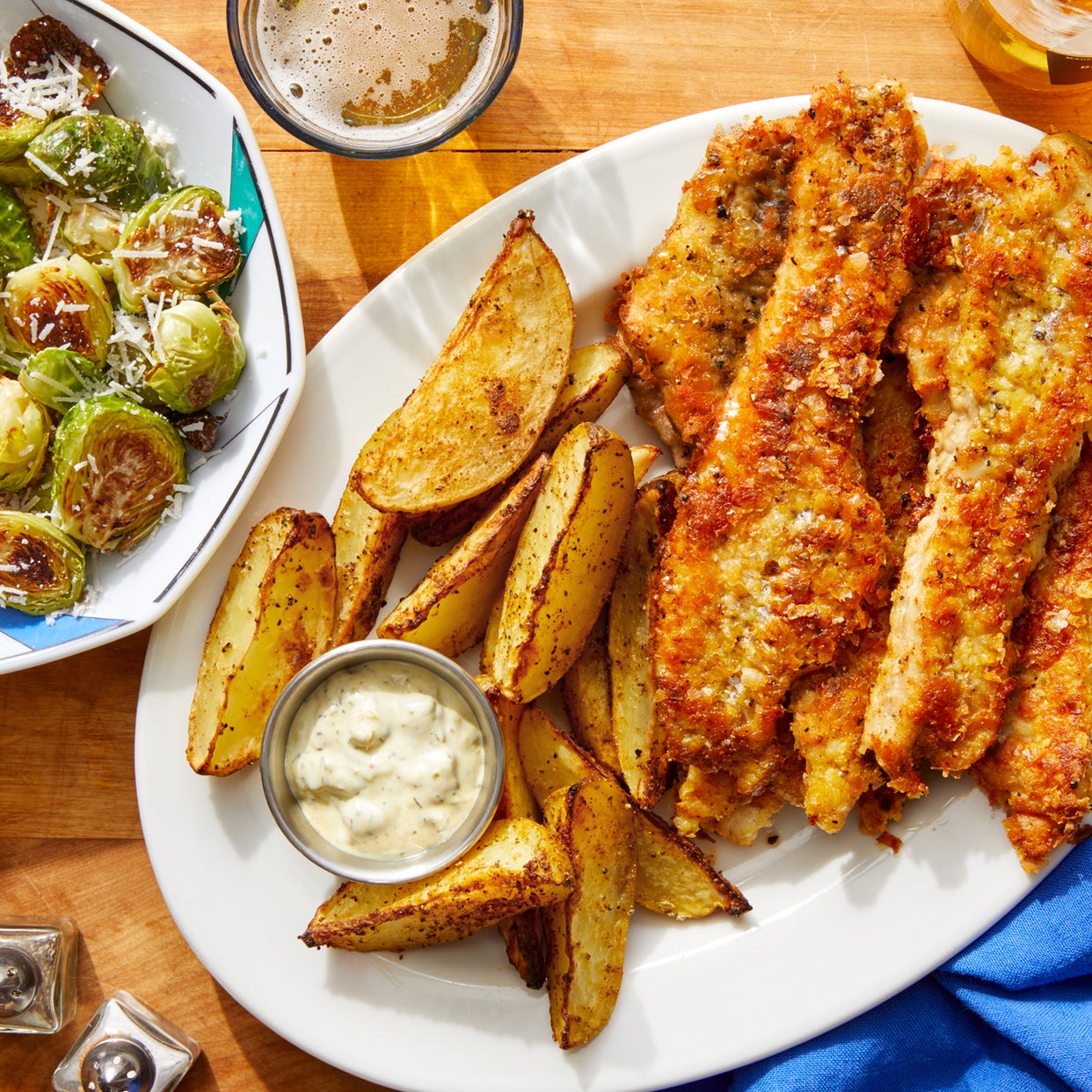 Recipe Crispy Fish Fillets & Potato Wedges with Homemade Tartar Sauce & Roasted Brussels