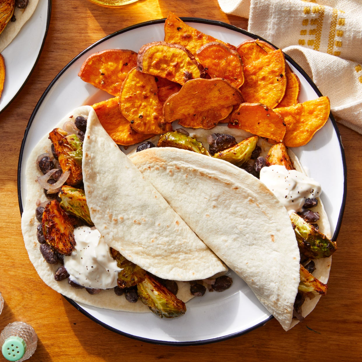 Recipe Smoky Brussels Sprout & Black Bean Tacos with Roasted Sweet