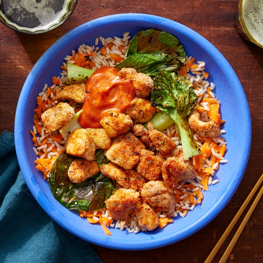 Recipe Japanese Inspired Chicken Bowl With Rice Bok Choy Spicy Gochujang Mayo Blue Apron
