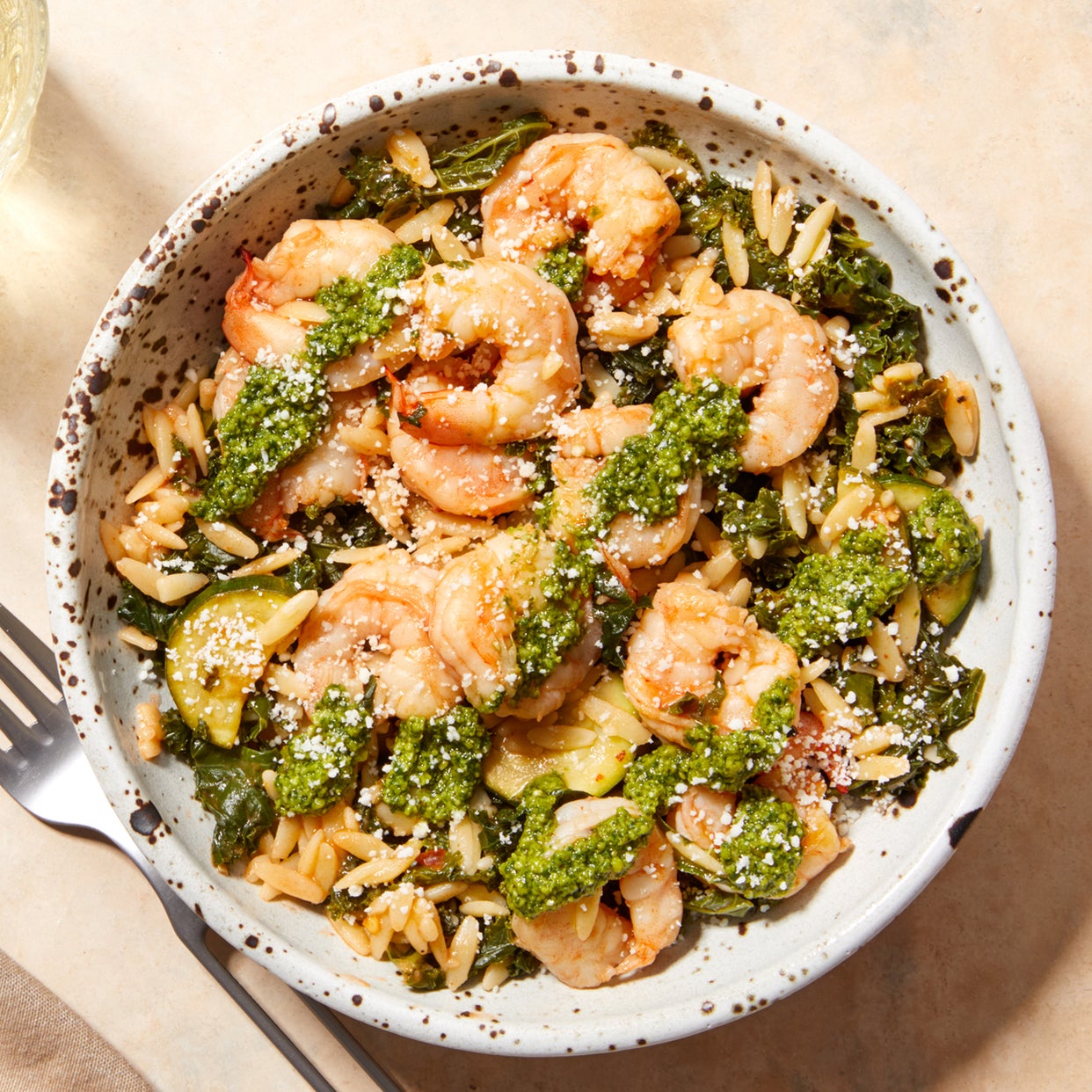 Recipe Creamy Tomato Shrimp & Orzo with Kale, Zucchini, & Basil Pesto