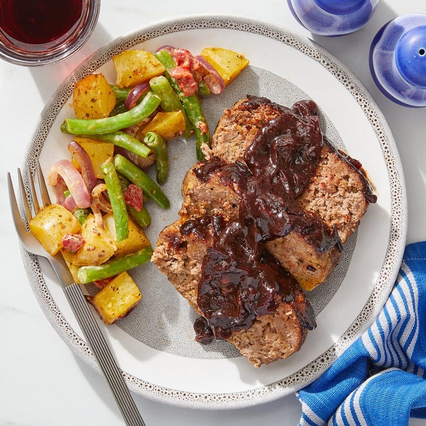 Sour Cherry & Chipotle-Glazed Meatloaf with Green Bean & Potato Salad