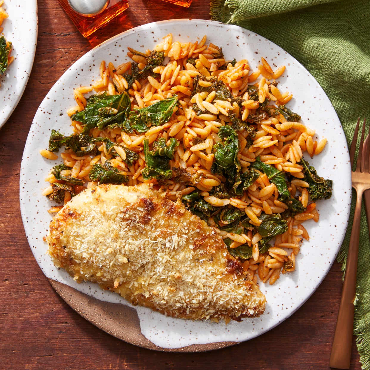 Recipe Creamy Mustard Baked Chicken with Kale & Tomato Orzo Pasta