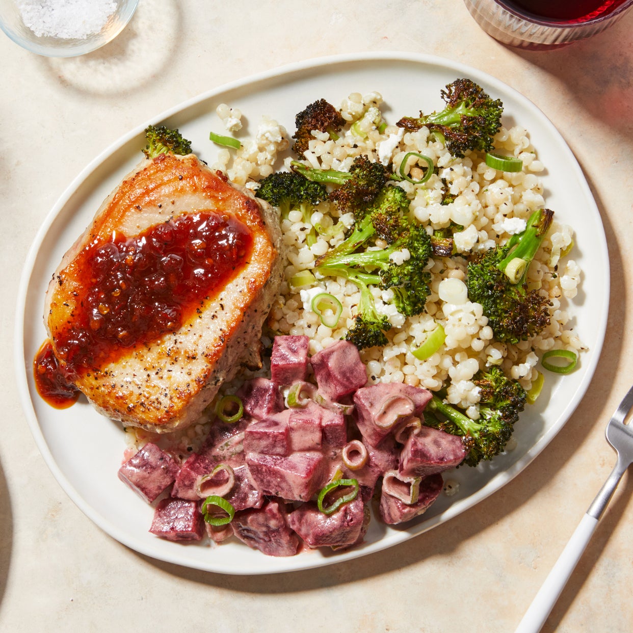 Recipe MapleHarissa Pork Chops with Roasted Broccoli & Pearl Couscous