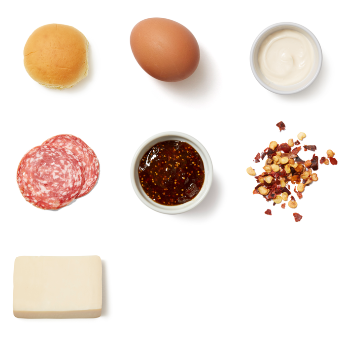 Recipe Soppressata, Egg & Cheese Sandwiches with Spicy Fig Mayo Blue