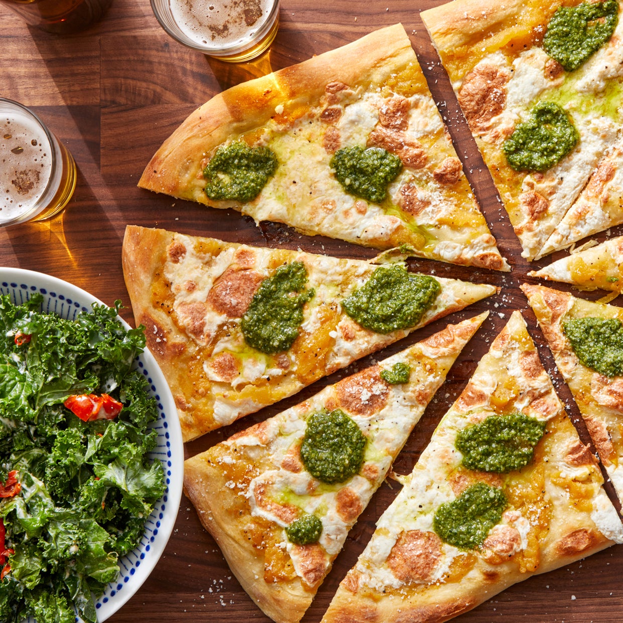 Recipe Yellow Tomato & Basil Pesto Pizza with Kale Caesar Salad Blue
