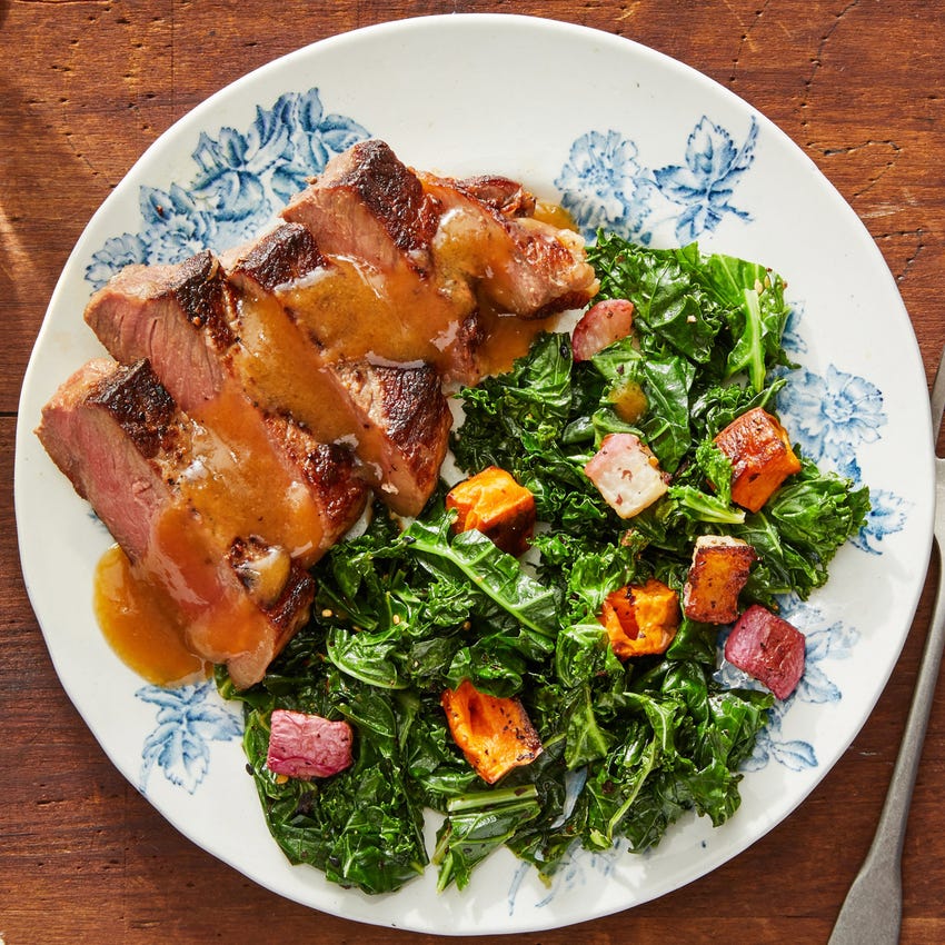 Recipe Seared Steak & SoyMiso Pan Sauce with Sweet Potatoes & Kale