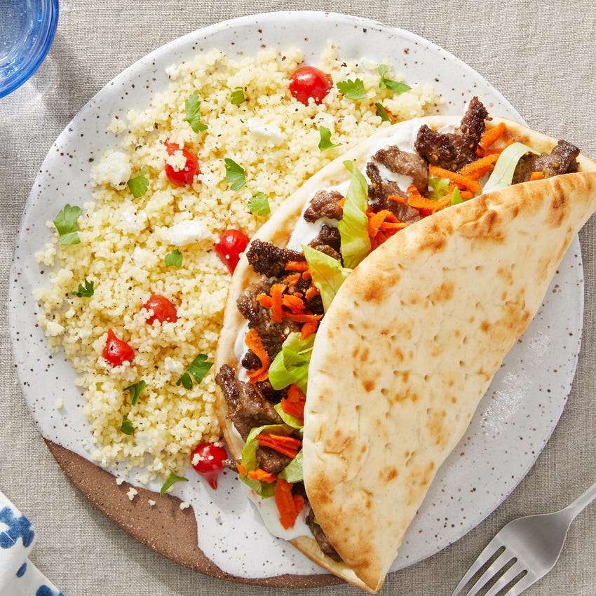 Recipe Za Atar Beef Tzatziki Pitas With Couscous Goat Cheese Pickled Peppers Blue Apron
