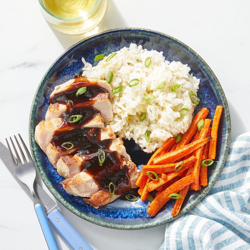 Recipe Hoisin Pork Chops with GarlicGinger Rice & Roasted Carrots