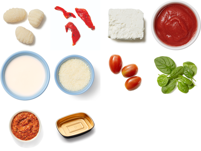 Oven-Baked Gnocchi & Feta with Romesco Sauce, Tomatoes & Spinach