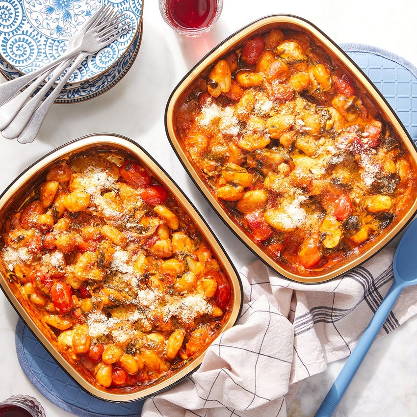 Oven-Baked Gnocchi & Feta with Romesco Sauce, Tomatoes & Spinach