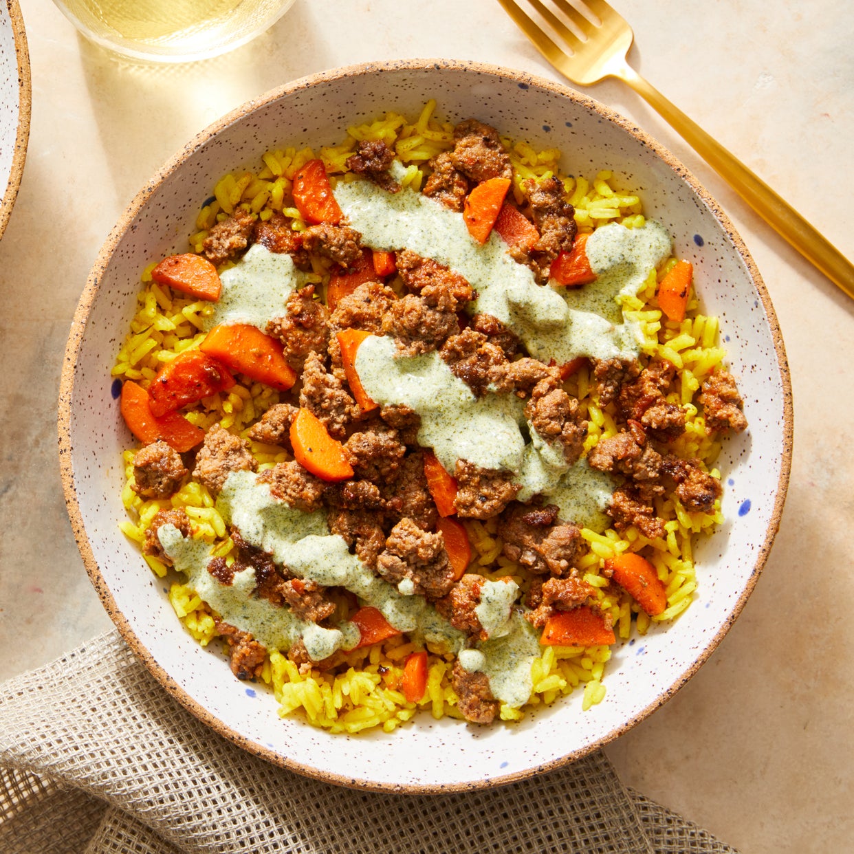Recipe Beef over CurrySpiced Rice with Creamy Cilantro Sauce Blue Apron