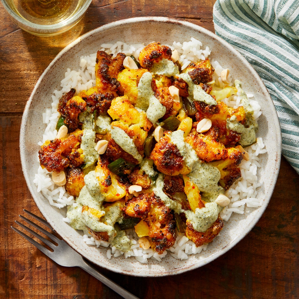 Recipe IndianStyle Crispy Cauliflower with Rice & Creamy Cilantro