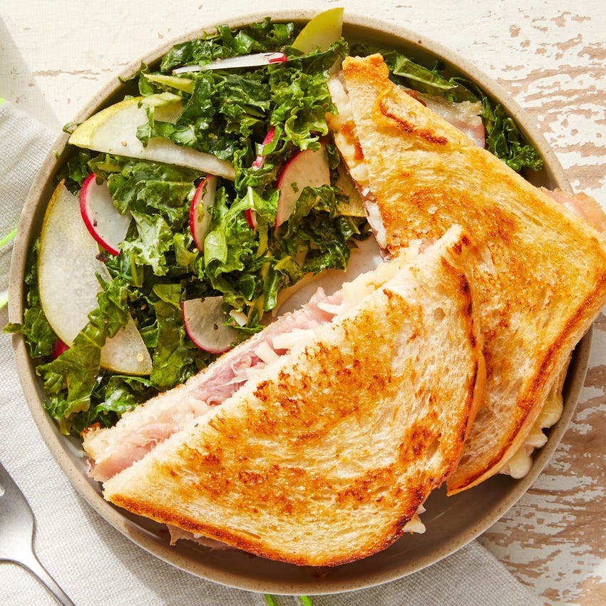 Recipe Prosciutto & Fontina Grilled Cheese with Kale Salad Blue Apron
