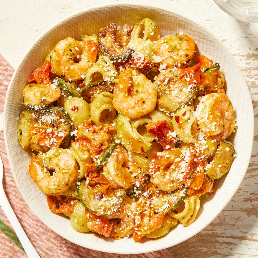 Recipe Creamy Pesto Shrimp & Pasta with Tomatoes & Zucchini Blue Apron