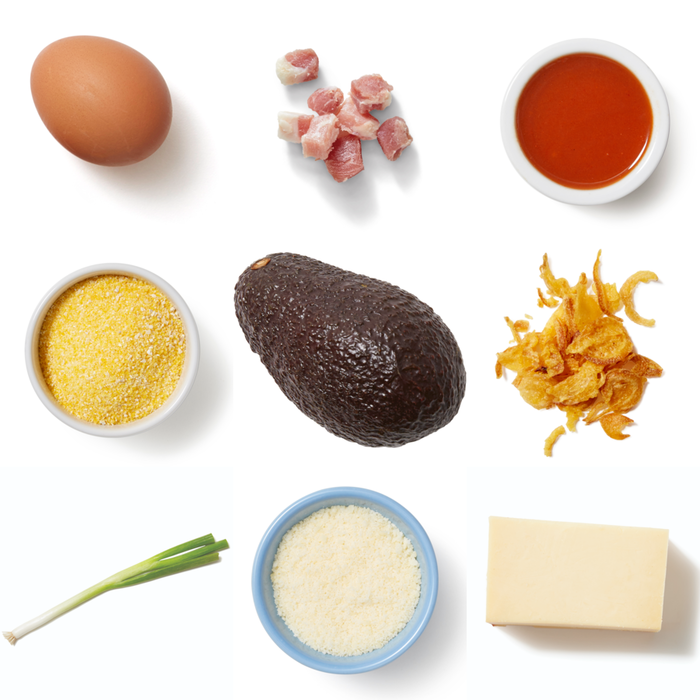 Recipe Baked Eggs & Grits with Pancetta, Smoked Gouda & Avocado Blue