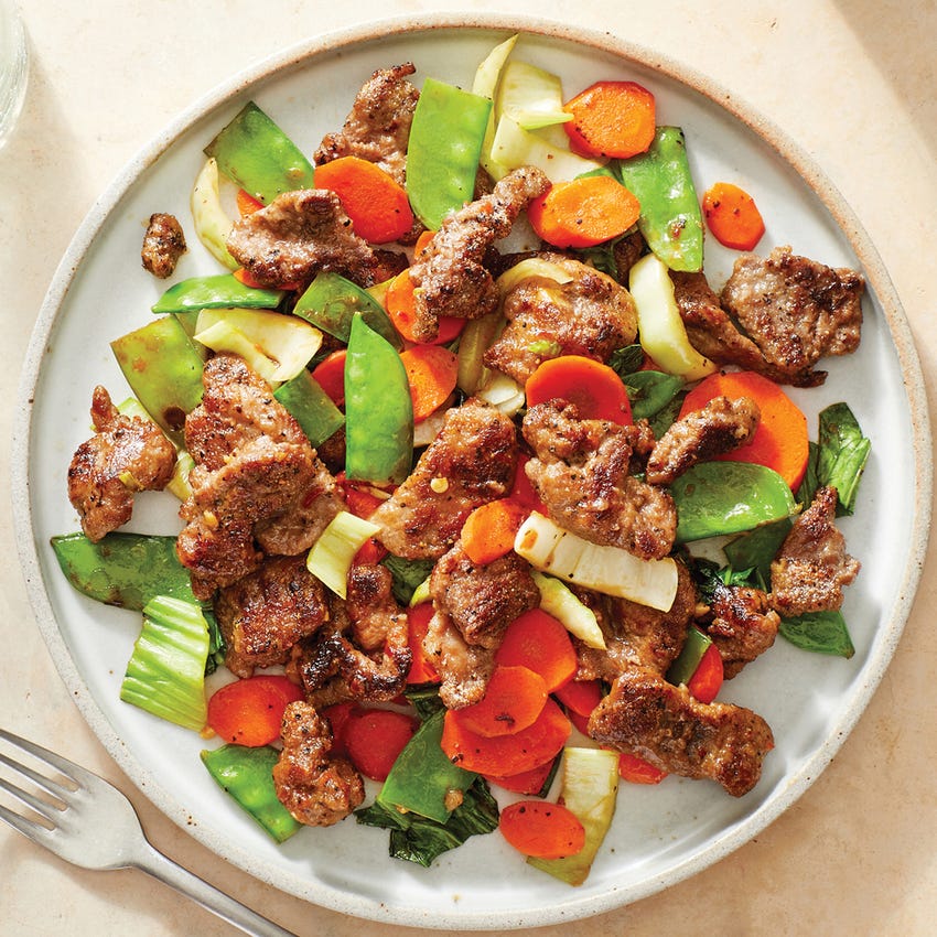 Spicy Beef Stir-Fry with Snow Peas, Carrots, & Bok Choy