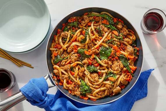 One-Pan Spicy Pork Udon with Carrots, Spinach & Sesame Seeds-image