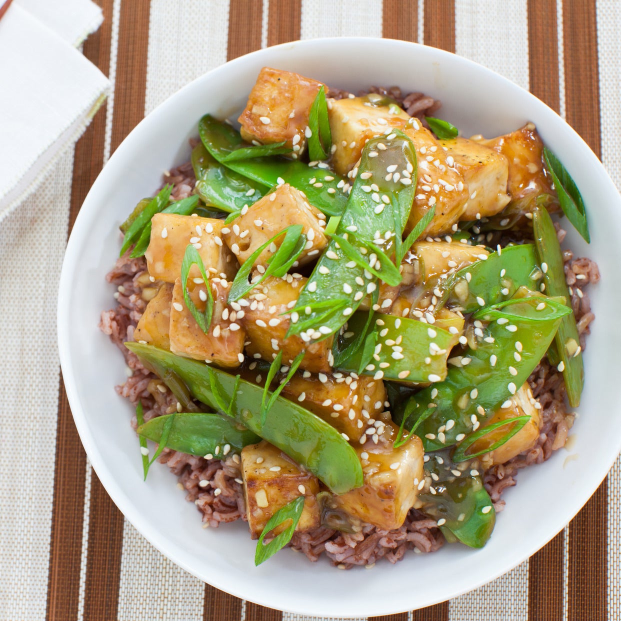 Recipe Seared Tofu & Snow Peas with Pink Sesame Rice Blue Apron