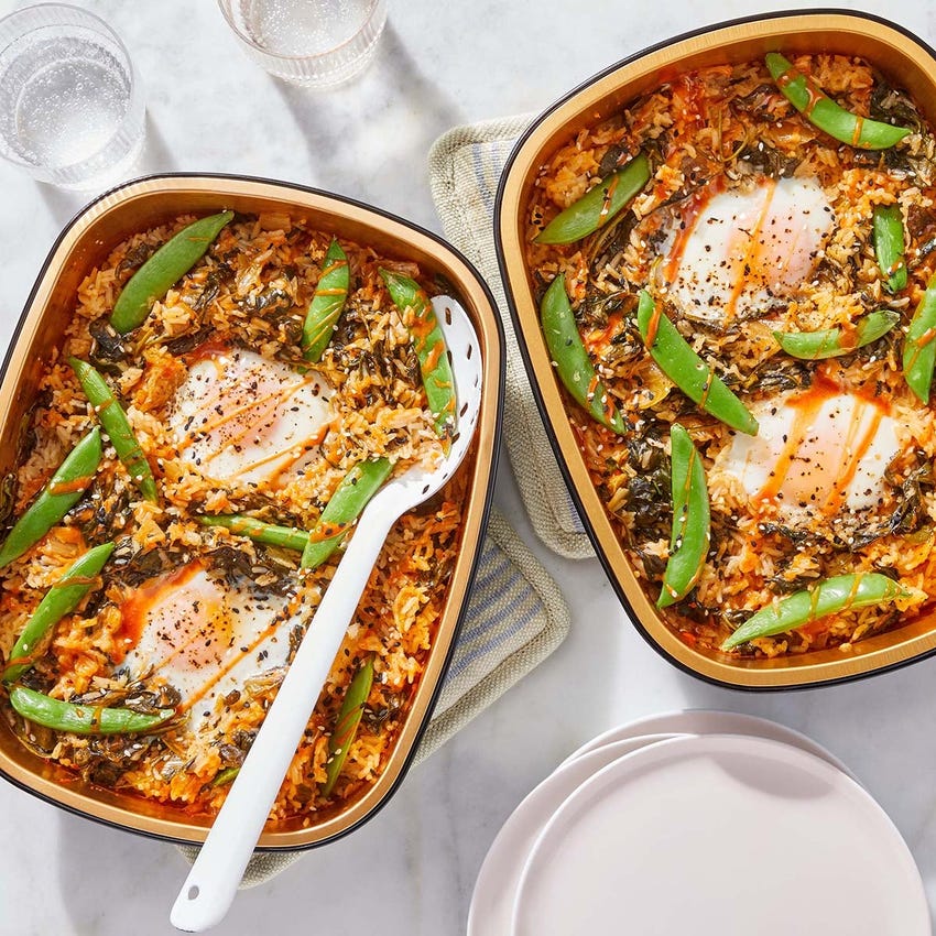 Recipe OvenBaked Kimchi Rice & Eggs with Spinach, Snap Peas