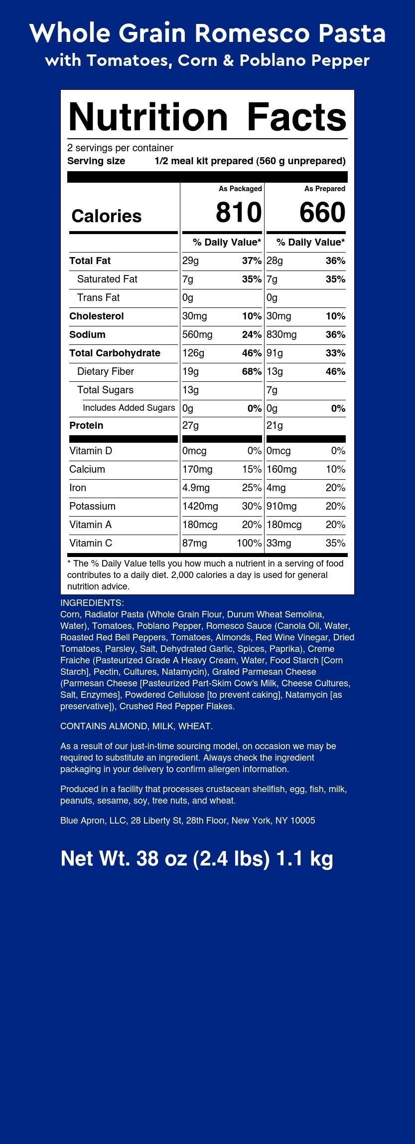 Recipe Whole Grain Romesco Pasta with Tomatoes, Corn & Poblano Pepper
