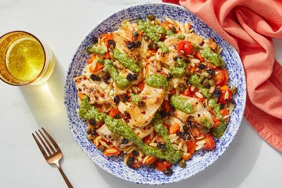 Creamy Pesto Chicken & Orzo with Capers & Currants