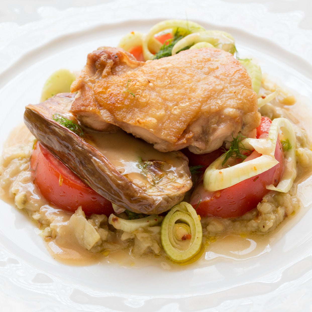 Recipe PanSeared Chicken Thighs with Roasted Baby Zebra Eggplants