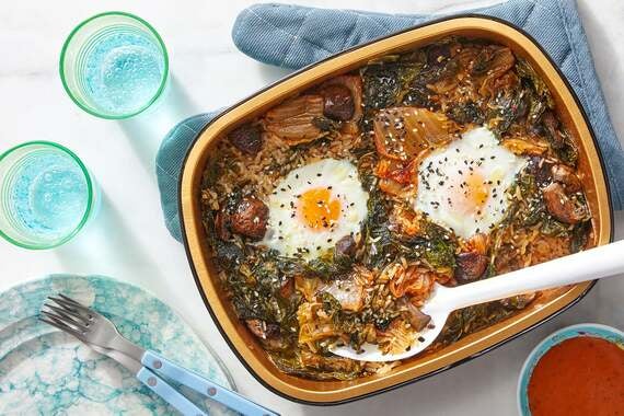 Recipe: Kimchi Rice & Eggs with Spinach, Mushrooms & Spicy Sesame Sauce