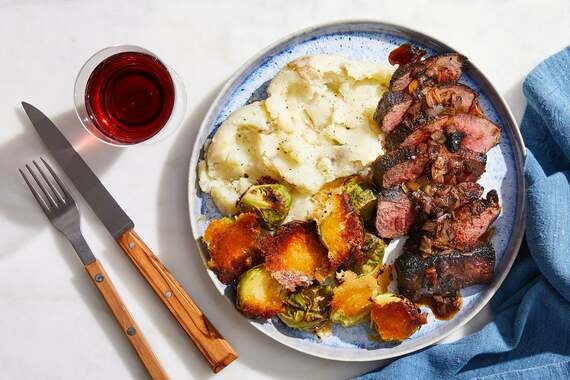 Steaks & Truffle Butter Mashed Potatoes with Crispy Parmesan Brussels Sprouts-image