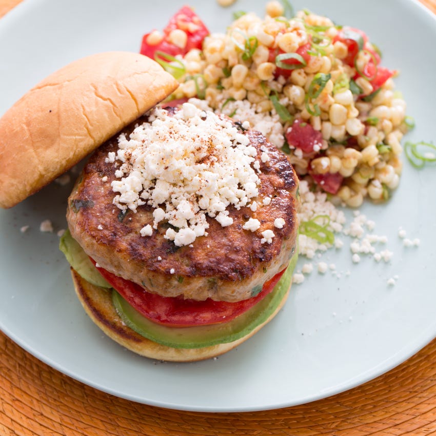 Recipe MexicanStyle Turkey Burger with Warm CornTomato Salad Blue