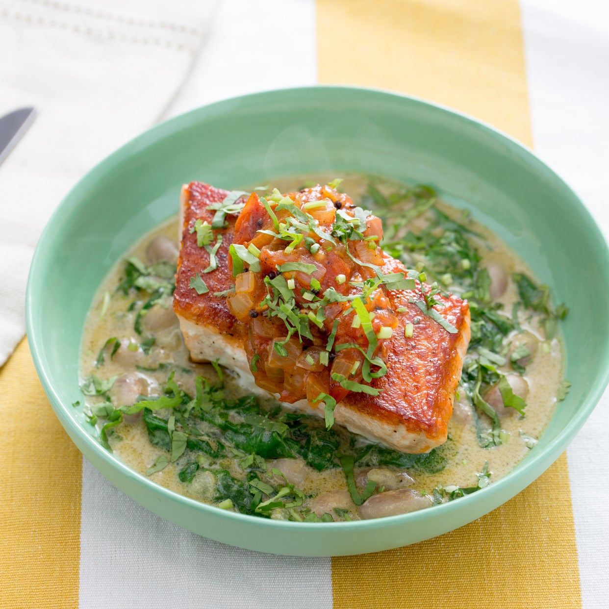 Recipe Seared Salmon & Tomato Chutney with Cranberry Bean & Spinach