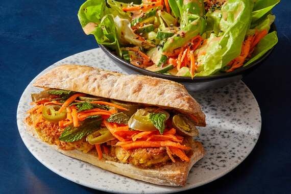 Crab Cake Bánh Mì with Green Salad & Sesame Dressing-image