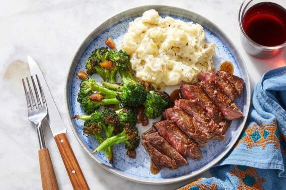 Flank Steaks & Creamy Mashed Potatoes with Lemon-Date Broccoli & Brown Butter Sauce-image