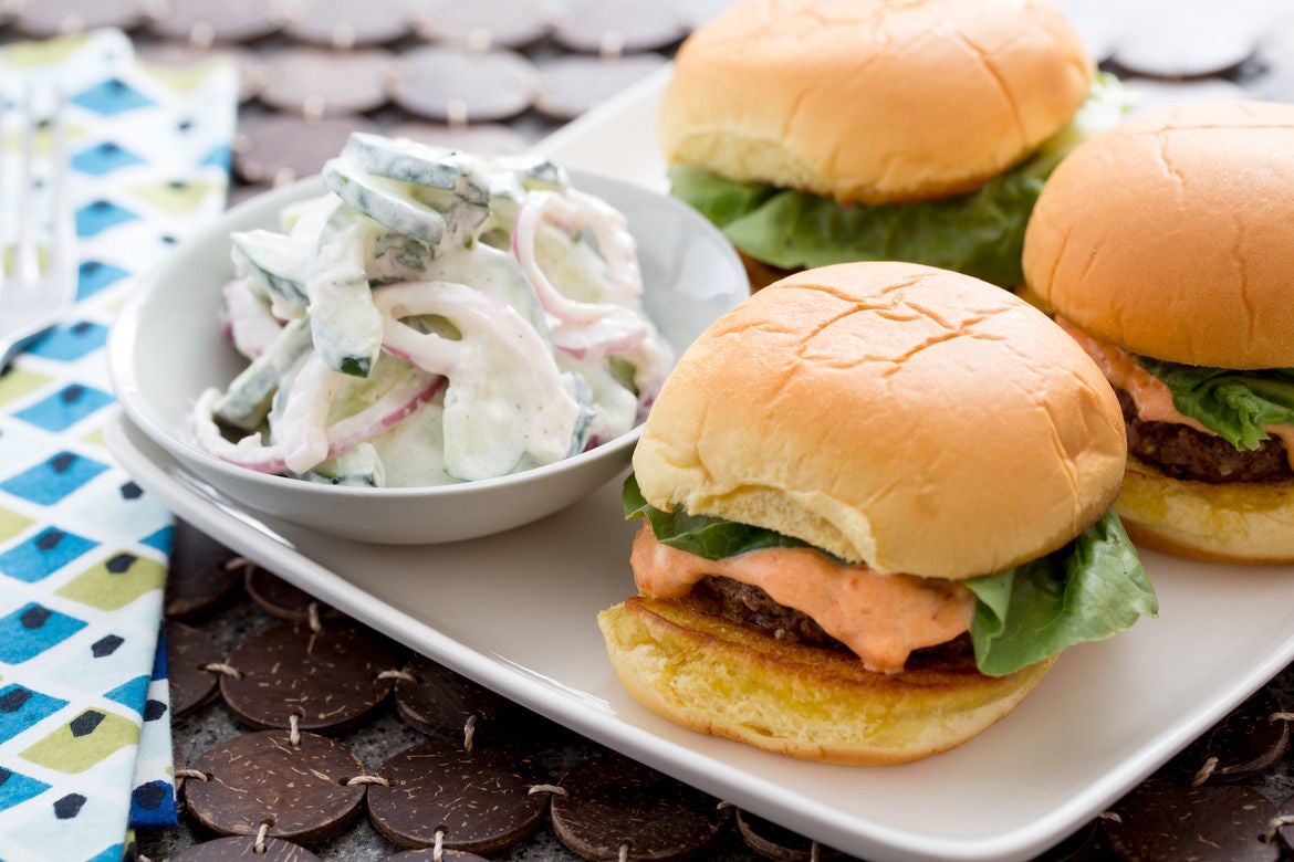 Recipe Lamb & Beef Sliders with HarissaLabneh Sauce & Cucumber Salad