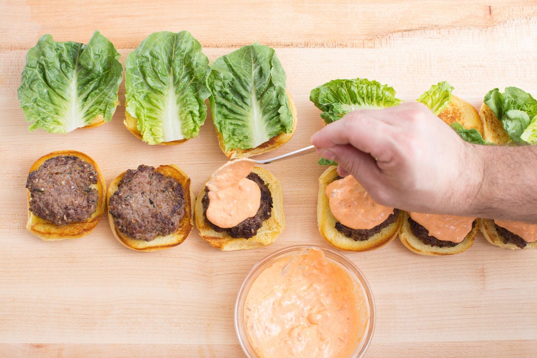 Recipe Lamb & Beef Sliders with HarissaLabneh Sauce & Cucumber Salad