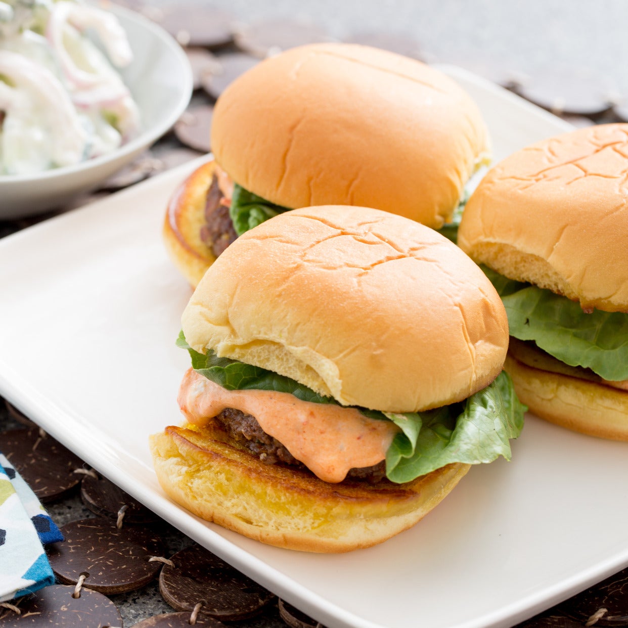 Recipe Lamb & Beef Sliders with HarissaLabneh Sauce & Cucumber Salad