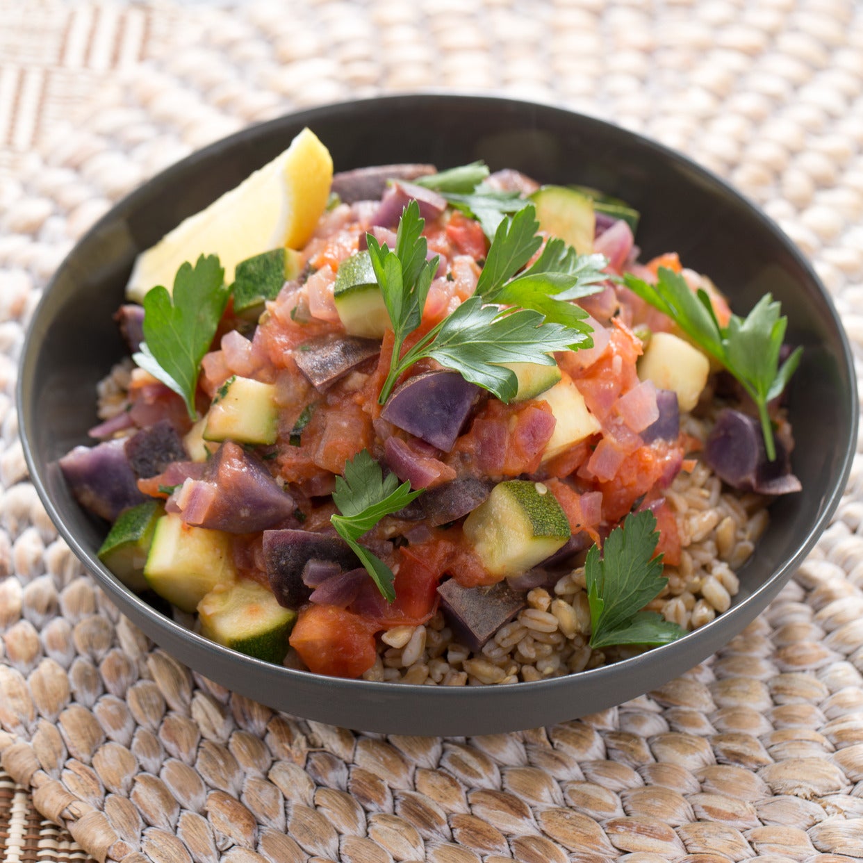 Recipe Summer Ciambotta with Purple Potatoes & Farro Blue Apron