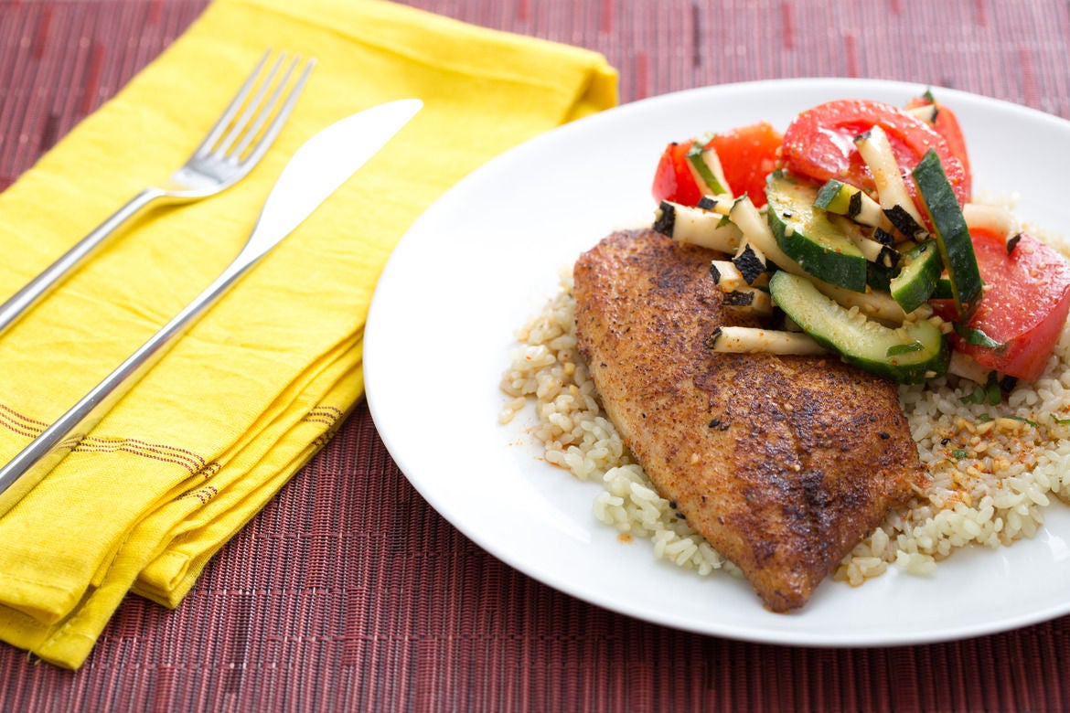 Recipe TogarashiSpiced Tilapia & Jade Pearl Rice with Black Radish