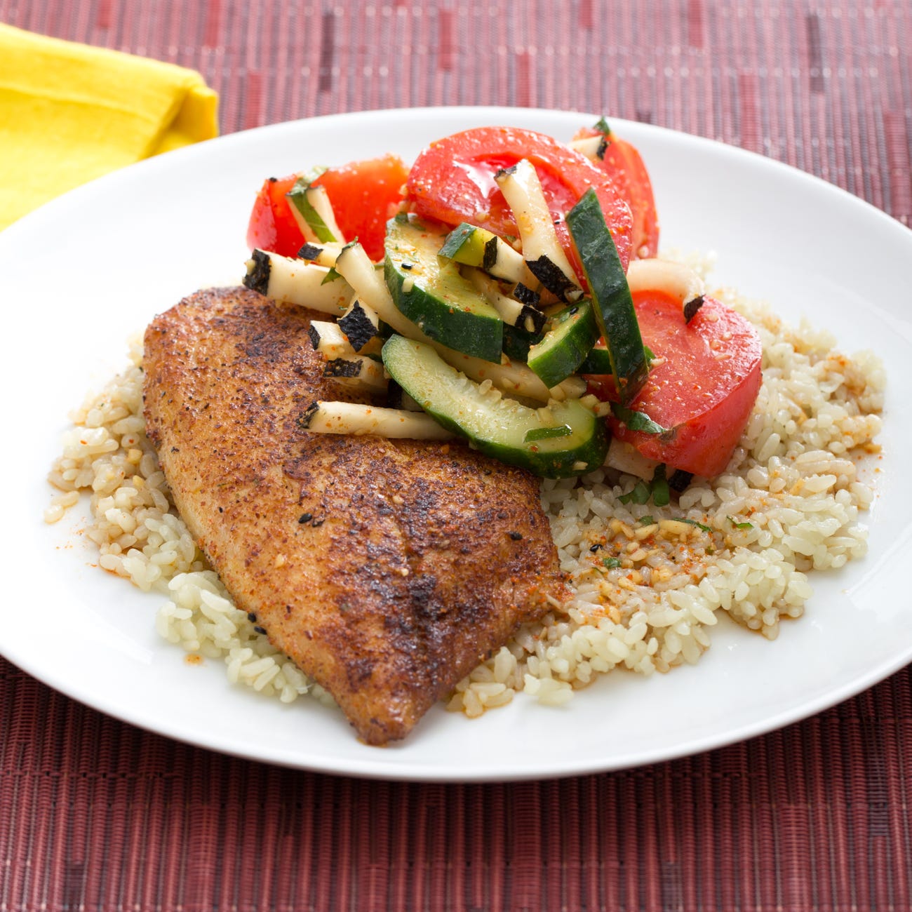 Recipe TogarashiSpiced Tilapia & Jade Pearl Rice with Black Radish