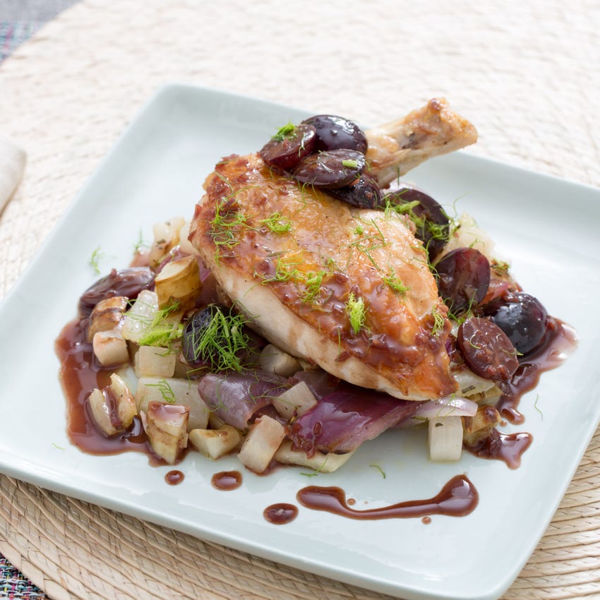 Recipe PanRoasted Chicken with SabaGrape Sauce, Roasted Fennel