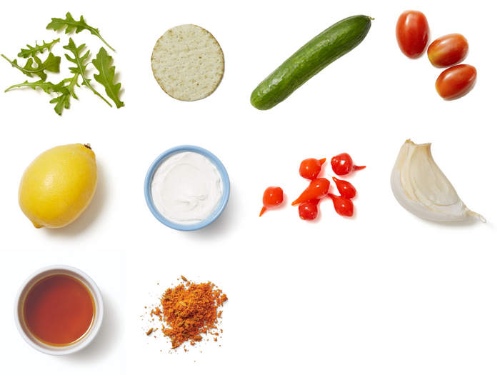 Recipe LemonLabneh Arugula Salad with Shawarma Pita Chips Blue Apron