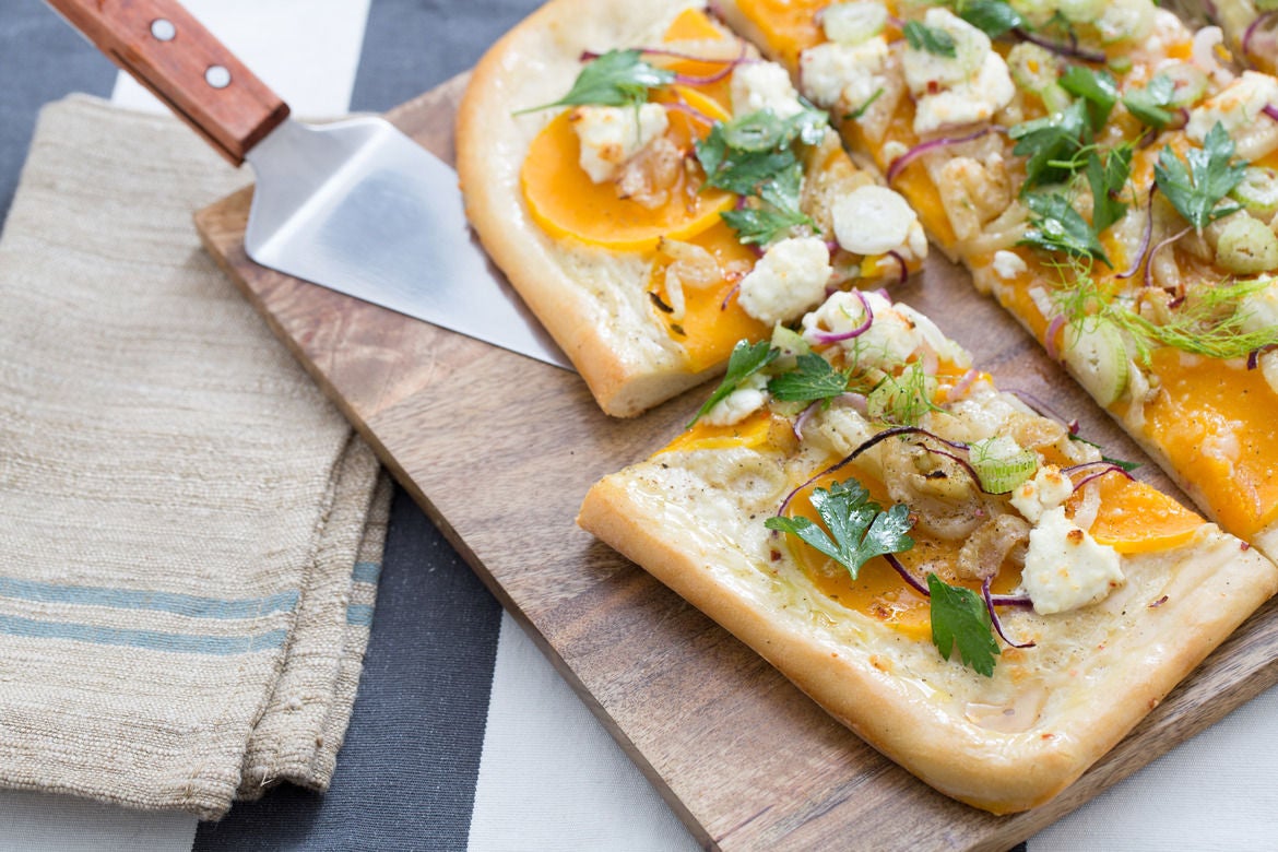 Recipe Butternut Squash & Goat Cheese Pizza with Creamy Béchamel Sauce & Caramelized Fennel
