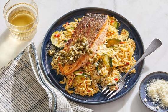 Lemon-Caper Salmon with Creamy Calabrian Zucchini & Orzo