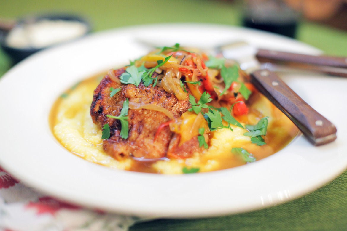Recipe Braised Chicken Thighs with Caramelized Peppers & Onion over